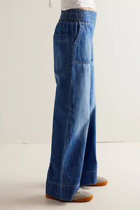 FREE PEOPLE WE THE FREE BREEZY DENIM PULL ON PANTS - COBALT 0725