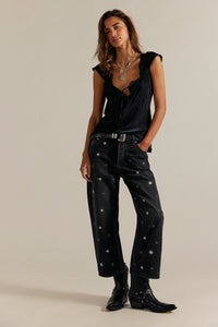 FREE PEOPLE DEEP TRANCE SHINE EMBROIDERED DROPPED BOYFRIEND JEANS - STARRY NIGHT 1397