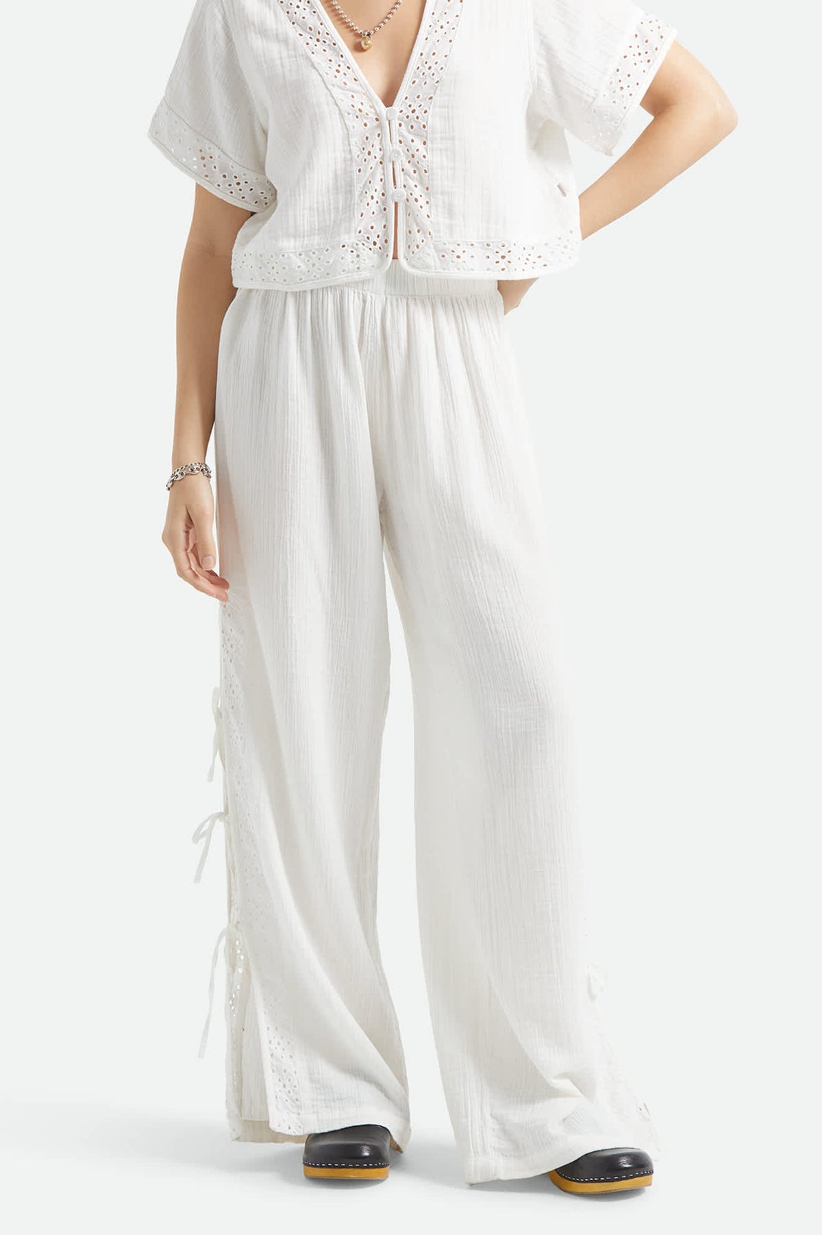 BRIXTON SEASIDE EYELET WIDE LEG PANT - OFF WHITE EYELET