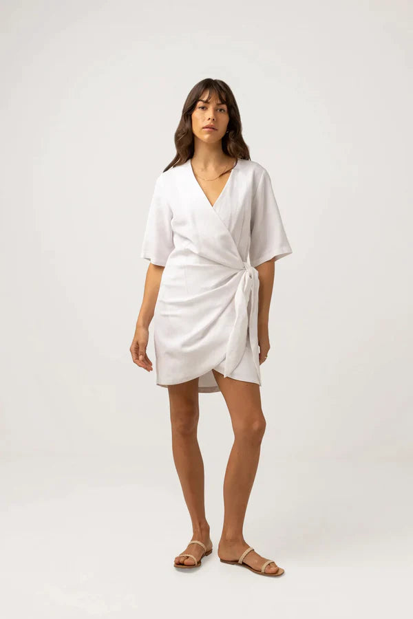RHYTHM SANTORINI TIE FRONT MINI DRESS - WHITE