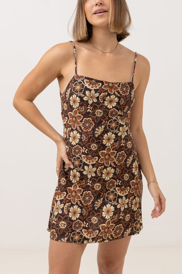RHYTHM CANTABRIA FLORAL BIAS MINI DRESS - BROWN Work It Out RHYTHM CANTABRIA FLORAL BIAS MINI DRESS - BROWN Work It Out