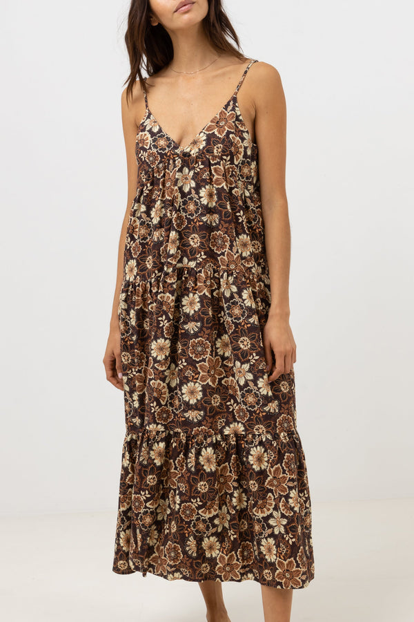 RHYTHM CANTABRIA FLORAL TIERED MIDI DRESS - BROWN Work It Out RHYTHM CANTABRIA FLORAL TIERED MIDI DRESS - BROWN Work It Out