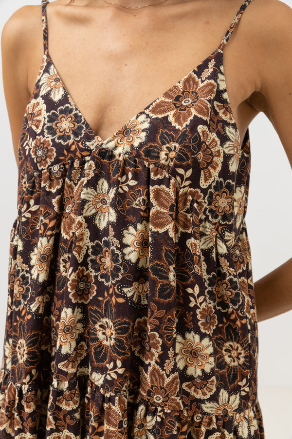 RHYTHM CANTABRIA FLORAL TIERED MIDI DRESS - BROWN Work It Out RHYTHM CANTABRIA FLORAL TIERED MIDI DRESS - BROWN Work It Out