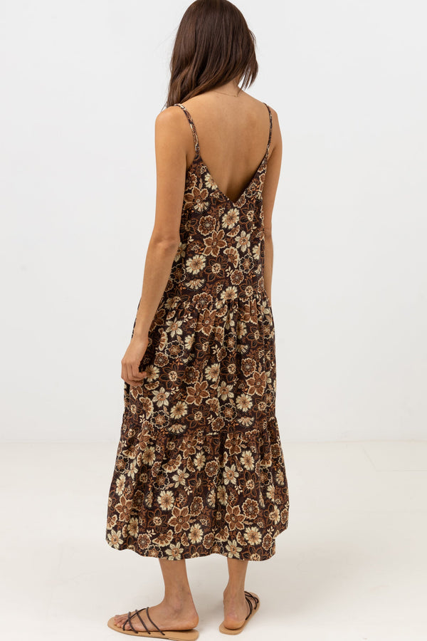 RHYTHM CANTABRIA FLORAL TIERED MIDI DRESS - BROWN