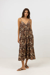 RHYTHM CANTABRIA FLORAL TIERED MIDI DRESS - BROWN