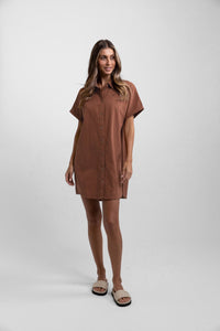 RHYTHM CLASSIC LINEN SHIRT DRESS - BAKED CLAY Work It Out RHYTHM CLASSIC LINEN SHIRT DRESS - BAKED CLAY Work It Out