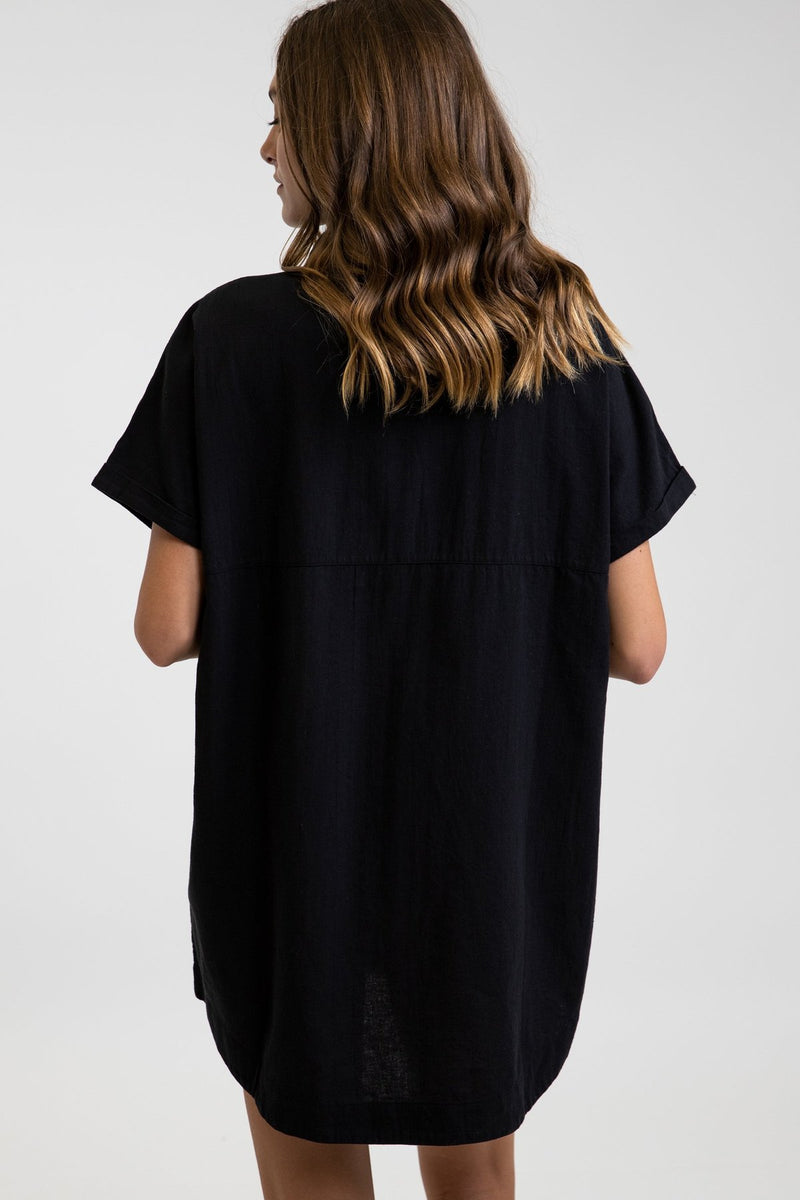 CLASSIC LINEN SHIRT DRESS - BLACK