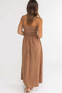 RHYTHM CLASSIC SHIRRED MIDI DRESS - CARAMEL