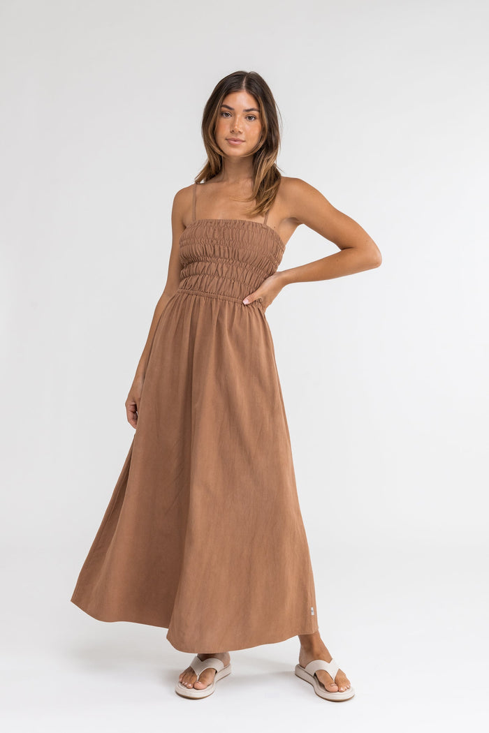 RHYTHM CLASSIC SHIRRED MIDI DRESS - CARAMEL Work It Out RHYTHM CLASSIC SHIRRED MIDI DRESS - CARAMEL Work It Out