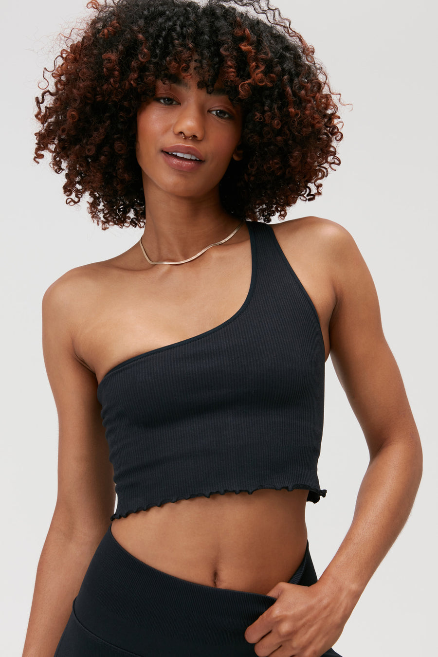SPIRITUAL GANGSTER LUNA ONE SHOULDER SEAMLESS TANK - BLACK