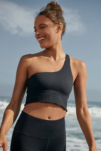 SPIRITUAL GANGSTER LUNA ONE SHOULDER SEAMLESS TANK - BLACK