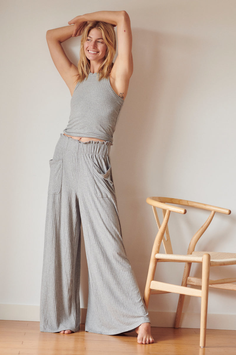 FREE PEOPLE MOVEMENT BLISSED OUT WIDE LEG PANTS - HEATHER GREY 6937