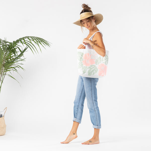 ALOHA COLLECTION REVERSIBLE TOTE / BIG ISLAND HIBISCUS - MELON + SAGE