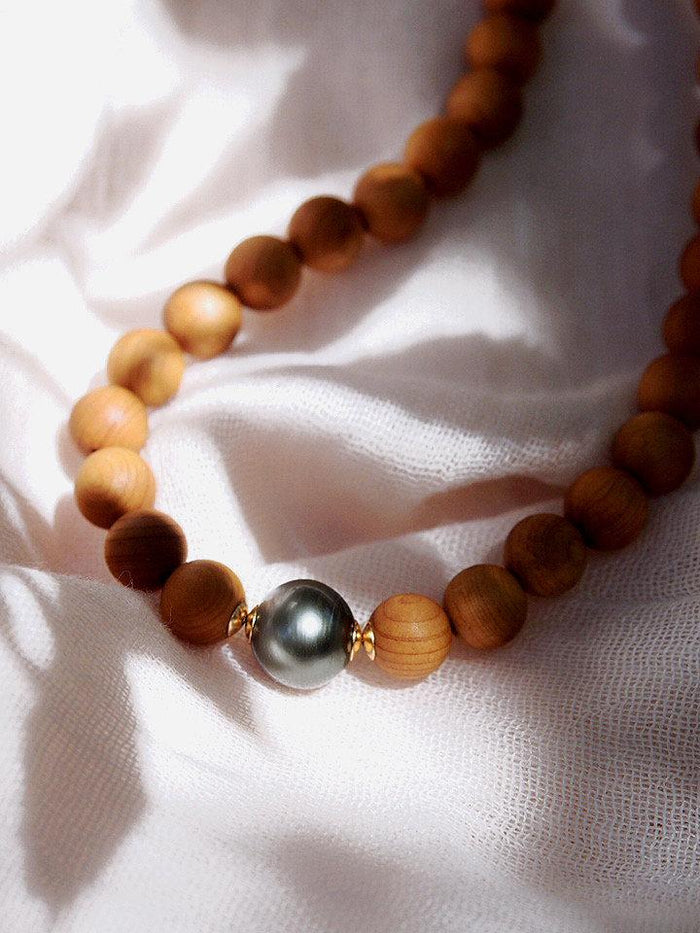 KE ALOHA JEWELRY TAHITIAN PEARL SANDALWOOD BEAD NECKLACE - ROSELANI